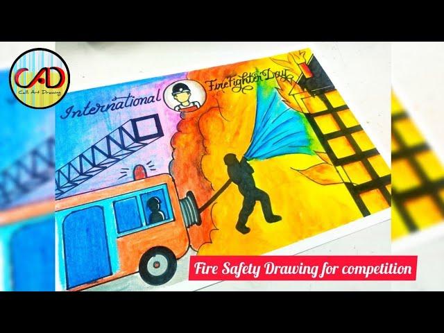 Safety drawing/fire safety poster drawing/Industrial safety drawing/firefighter with fire truck