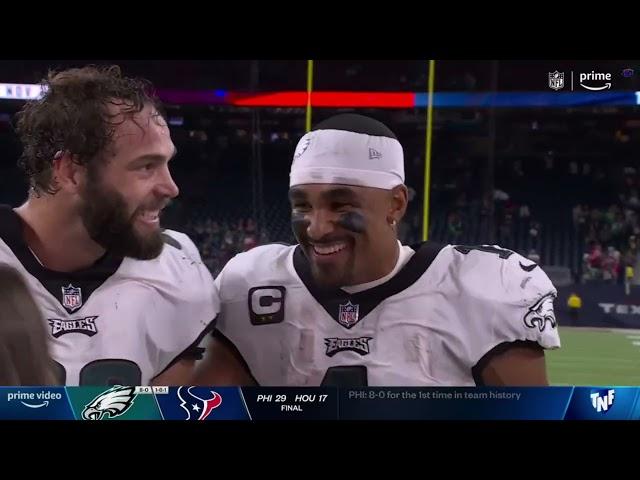 Jalen Hurts crashes Dallas Goedert's interview and showers him with praise