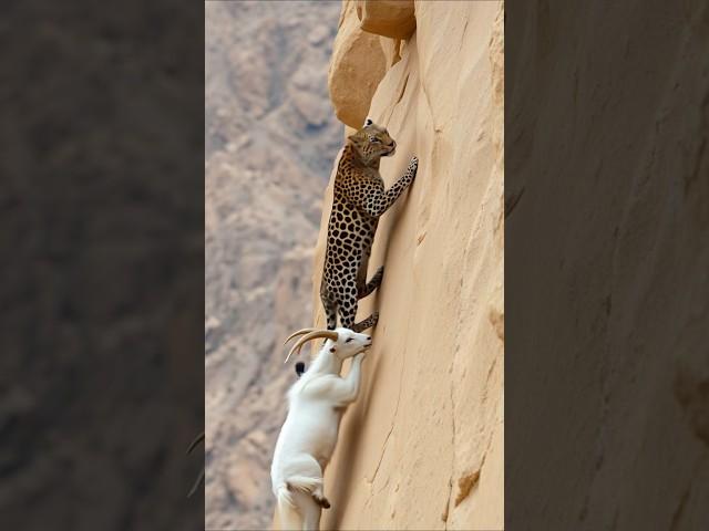 Leopard vs Goat: Epic Climb on Steep Rocks! #shorts