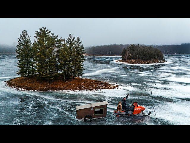 Overnight on a FROZEN ISLAND in a Snowmobile Cabin