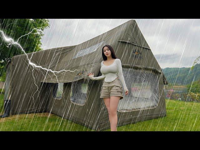 Camping in Heavy Rain️with 2-Room Inflatable Tent️ Rain & Thunderstorms ASMR