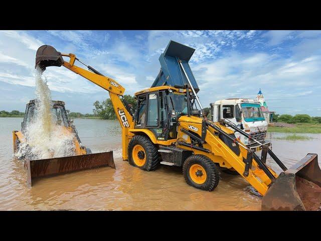 Washing with Fun JCB 3dx Eco | Kirlosker JCB Backhoe and Tata Truck Washing in Village Pond