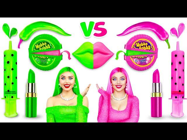 24 Hours Eating One Color Snacks and Sweets! Mukbang with GREEN vs PINK Food All Day by RATATA BOOM