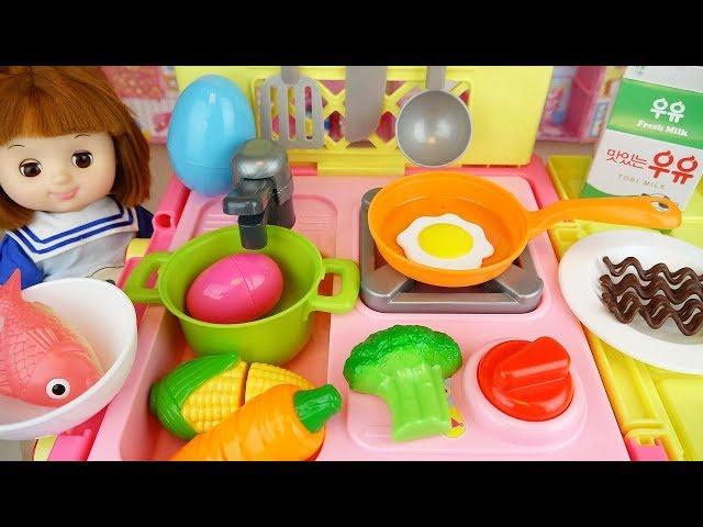 Baby Doli and Cart kitchen car toy baby doll food and surprise eggs play