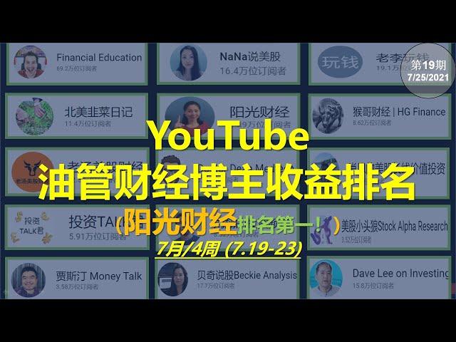 YouTube油管财经博主收益排名//阳光财经排名第一//Cathie Wood木头姐基金业绩对比//-7月/4周 (7.19-23)