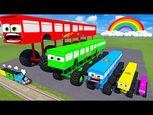 Big & Small Long Bus Lightning Mcqueen with Train Thomas | Long Car vs Rail and Train | BeamNG.Drive