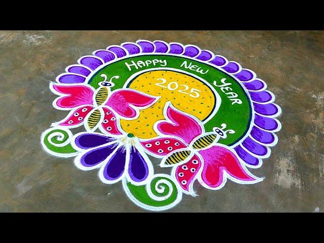 New year muggulu 2025Beautiful New year kolamhappy new year rangoli designsSuper Color Rangoli