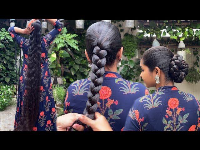 Long hair Tight braid bun || Hair style bun calf length