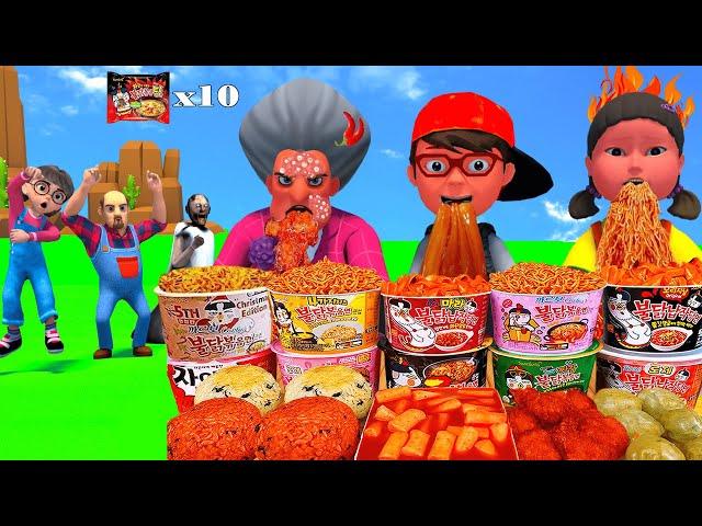 Scary Teacher 3D vs Squid Game MUKBANG Spicy Noodles, KFC Challenge Level x10 5 Times Challenge