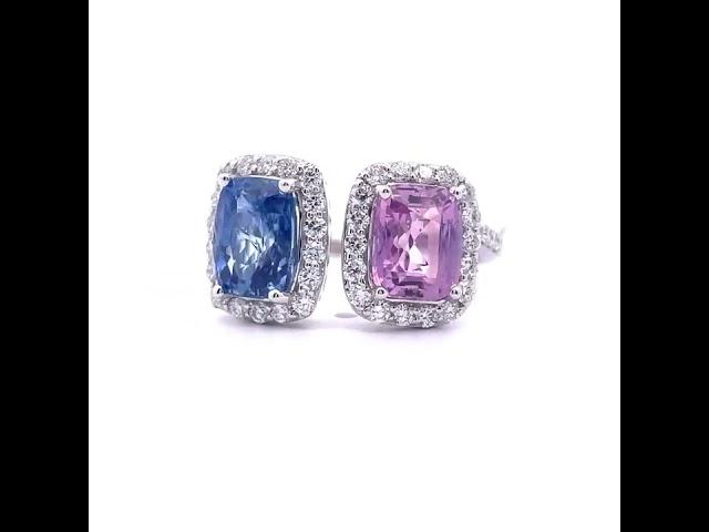 4.80 Carat Blue & Pink Sapphire, Diamond Halo Toi et Moi Ring in Platinum