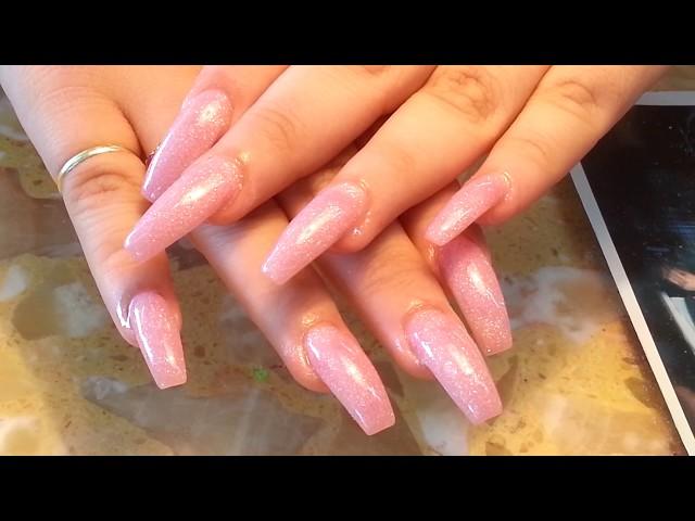 Long Pink Glitter Powder Coffin Nails Shape.