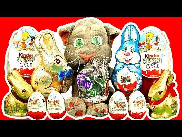 Kinder Surprise Eggs Maxi Egg Easter Bunny Chocolate Talking Tom Cat Smashing Unwrapping