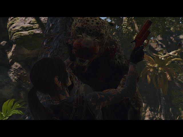 (Death Showcase)Lara Croft struggles with a jaguar and gets bitten hard by it