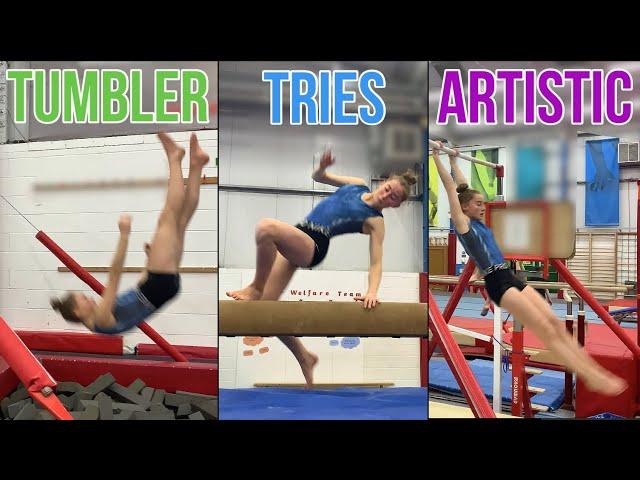 POWERTUMBLER TRIES ARTISTIC GYMNASTICS??? learning skills on bars and beam challenge | PolinaTumbles