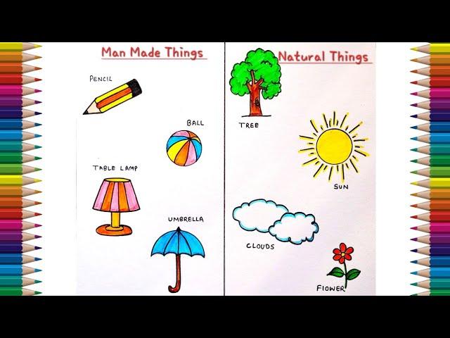 Man Made Things Vs Natural Things Drawing | How to Draw Man made things and Natural Things