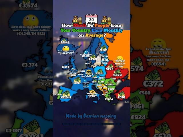 How Much Do People from Your Country Earn Monthly on Average #europe #geography #mapping #countries
