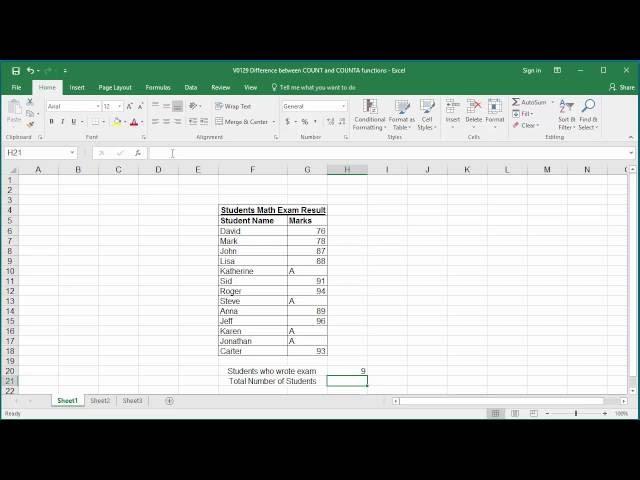 Difference between COUNT and COUNTA Functions in Excel 2016