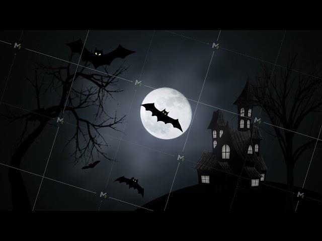 Halloween bright full moon, flying bats and old castle silhouette. Flying bats on full moon