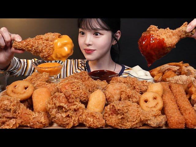 Crispy Fried Chicken, Shrimp Sticks, Fries, Cheese Dipping Sauce Mukbang Asmr