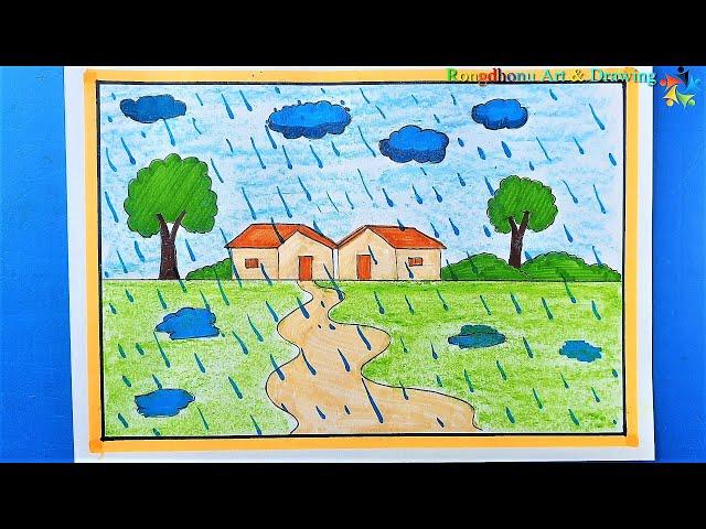 Rainy Village Scenery Drawing with Painting