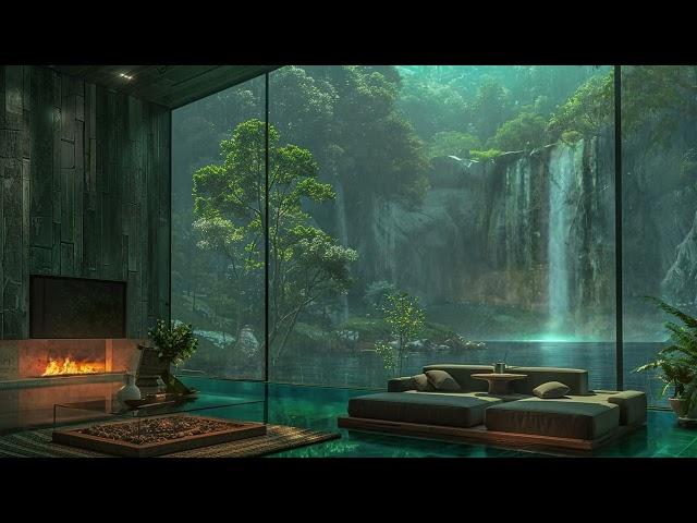 Luxury Living Room with Waterfall View: Relaxing Nature Sounds for Meditation,Deep Sleep and Healing