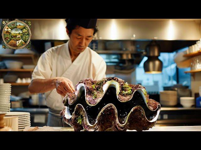 Explore Japanese cuisine, How the chef prepares the Giant Clam for sashimi- Emison Newman