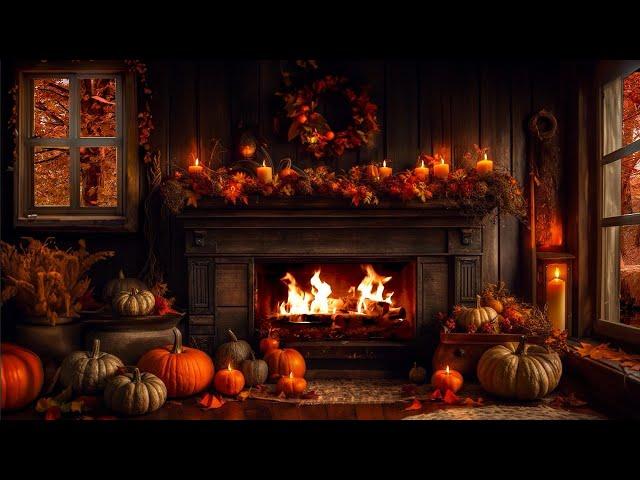 AUTUMN COZY FIREPLACE AMBIENCE-PUMPKINS & FARMHOUSE-FALLING LEAVES-CRACKLING FIRE-THANKSGIVING ASMR