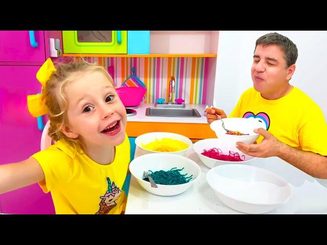 Nastya and Stacy Prepare Rainbow Noodles and Popcorn for Dad - Fun Competition for kids