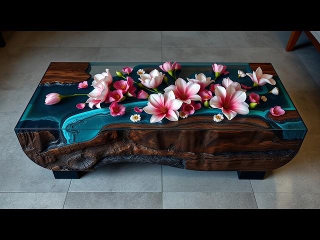 A Beautiful Piece & Work Is Worth Seeing: A Coffee Table Is Combined From Dark Wood, Flower & Epoxy