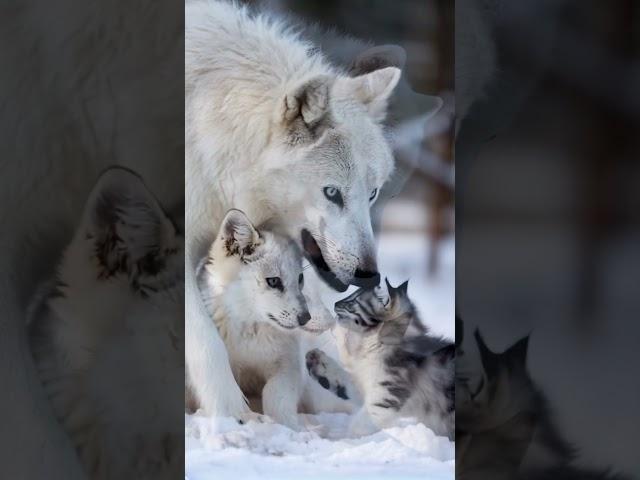 Majestic Snow White Wolve: Playful Wolf Pups With Cat Cub Explore a Winter Wonderland" #wolf #catcub