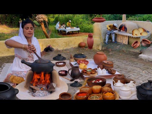 Cooking in Old Ancient CLAY POT Mutton Korma Curry with Khubz Roti Bread in Clay Oven Il