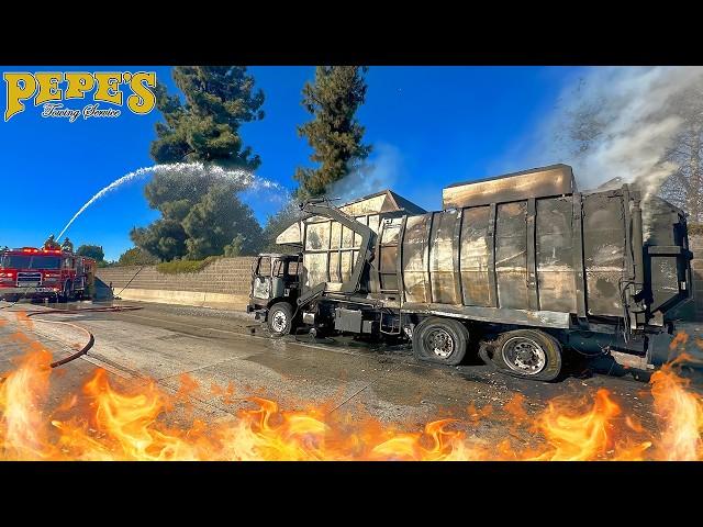 Fully Burned Trash Truck Gets Towed while ON FIRE still