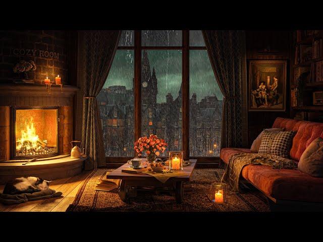 A Rainy Day in Cozy Room Ambience  Piano Jazz Music, Crackling Fire, Rain Sounds for Sleep & Focus