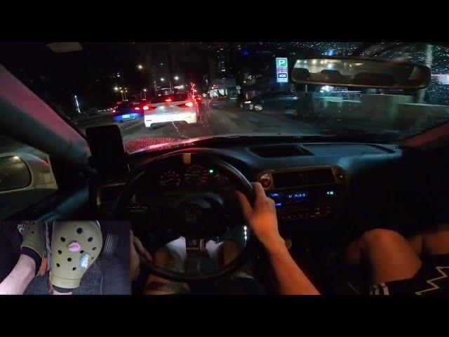 POV Manual Car Downtown Night Drive with Pedal Cam ASMR | HONDA Civic