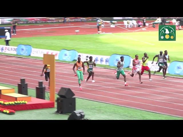 Ivory Coast's Abdoul Razack Kone wins Men's 100m Semifinal 1 at 2024 African Championships.