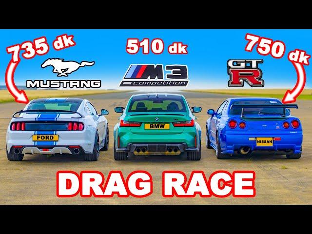 Nissan Skyline R34 GT-R 750 dk v Mustang 735 dk v BMW M3: DRAG RACE