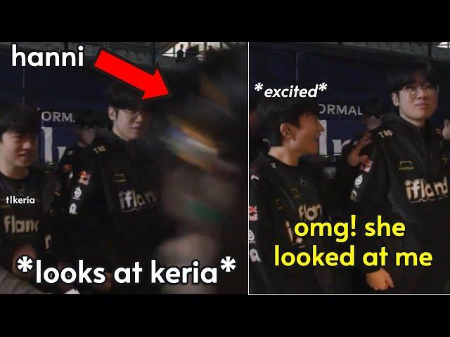 T1Keria's Shcoked Reaction to Hanni Waving Backstage... (hanni buff is real)