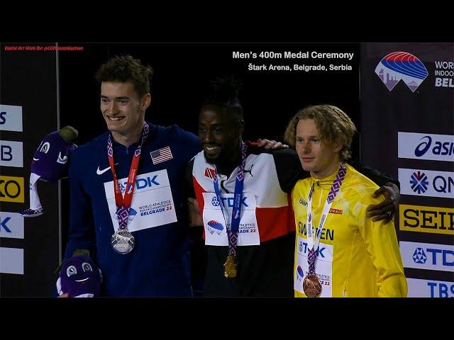 Jereem Richards (TTO), Men's 400m World Indoor Champion.  Štark Arena, Belgrade, Serbia.  3/19/2022.