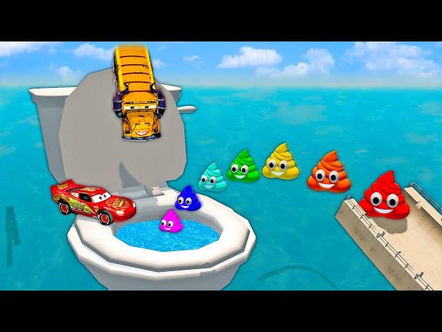 Mega Rainbow Poop Emoji Jump in Toilet Transform to McQueen And Huge & Tiny PIXAR CARS! BeamNG.Drive