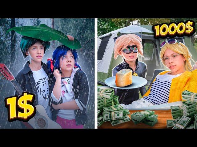 Camping for $1 vs $1000! Ladybug with Luka with tents vs Chloe and Adrien!