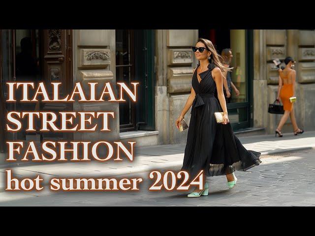 Street Fashion Italy July 2024. How people dress in Milan in the hot summer. Milan Street Style 2024