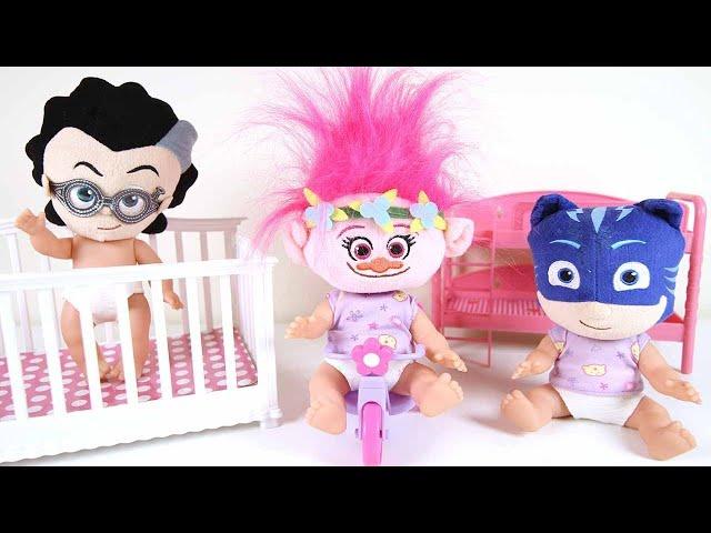 Babies Have Sleepover Party Playset with Trolls Poppy and Heroes Videos For Kids