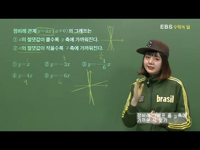 [EBS 수학의 답] 정비례와 그 그래프 - 정비례 그래프 중 y축에 가까운 식 찾기