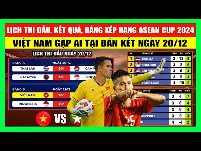 Lịch Thi Đấu, Kết Quả, Bảng Xếp Hạng ASEAN Cup 2024 Ngày 20-12 | Việt Nam Gặp Ai Tại Bán Kết?