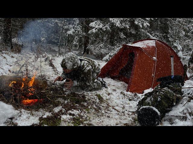 2 DAY Solo Winter Camping in Blizzard Snow, Survival in Snow Forest, Sub-Zero, Extreme Windstorm