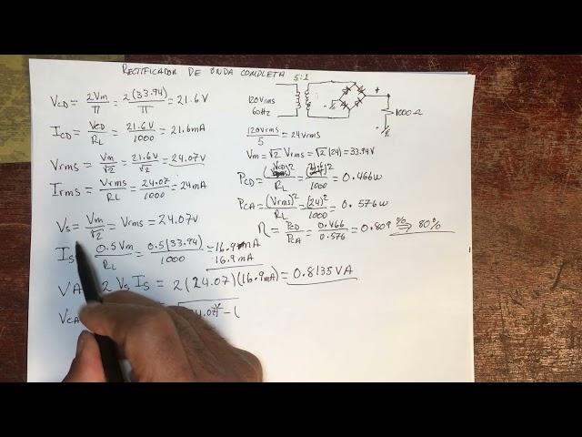 Cálculo de voltajes y corrientes del Rectificador de onda completa