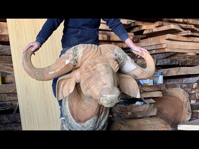 How To Carve Cape Bufallo from Suar Wood -  Master Wood Carving