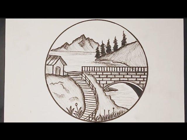 How To Draw House And Bridge // Bridge And House Scenery Drawing With Pencil // Landscape Drawing