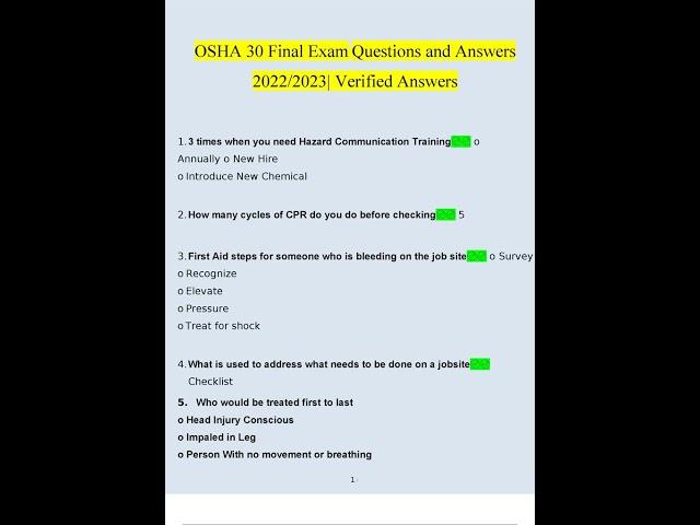 OSHA 30 Final Exam Questions 2022/2023 Consisting Of Questions With Verified Answers From Experts