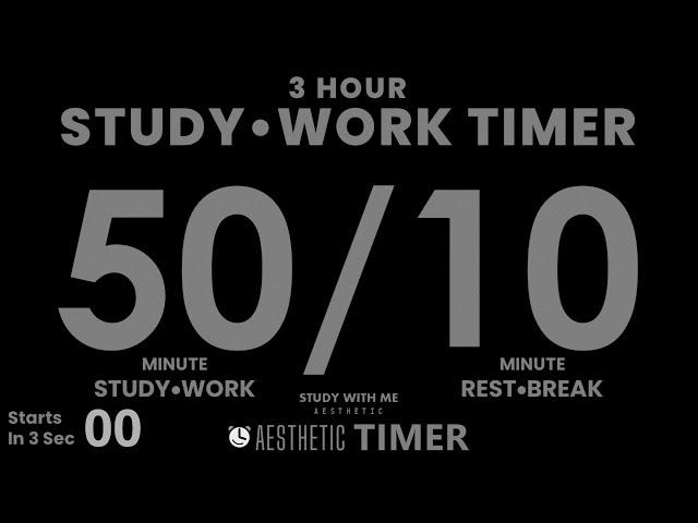 DARK Mode, 3 hours, Pomodoro 50/10 Study Timer, 50 Minute Study Timer, Gentle Alarm, No Music